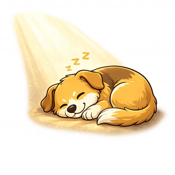 Bailey curled up asleep in a warm sunbeam