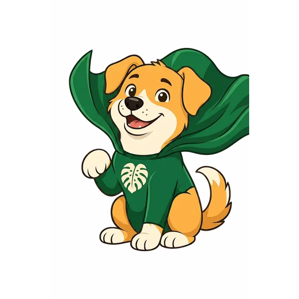 Bailey, a golden retriever, wearing a green superhero cape