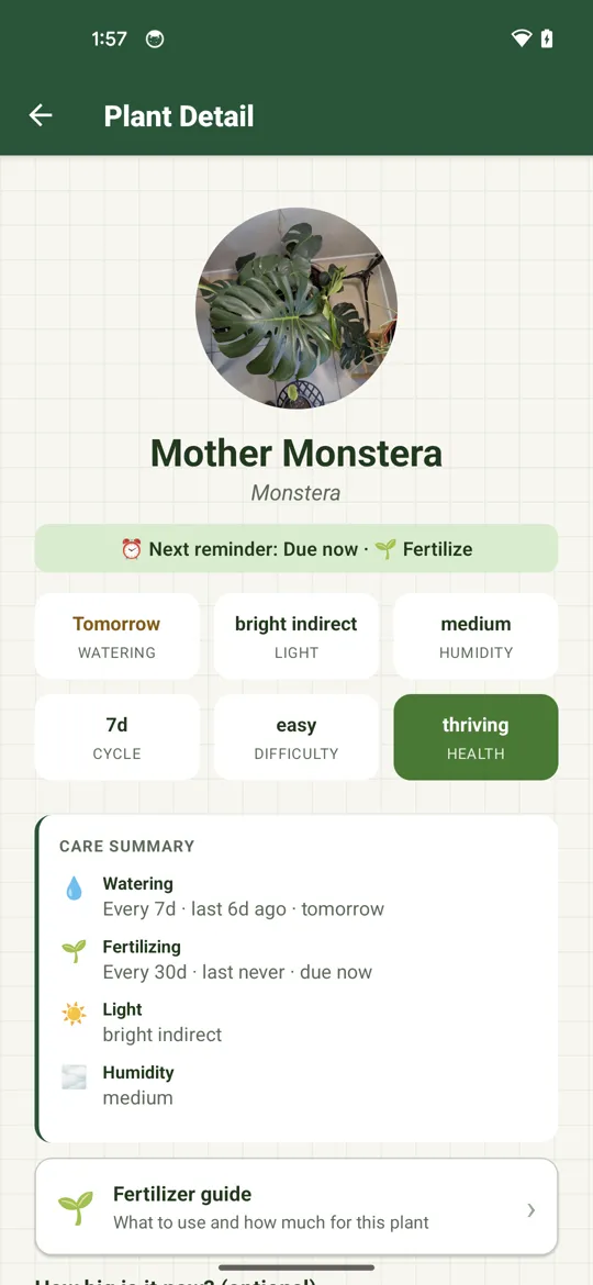 A plant's detail page with care schedule and light needs