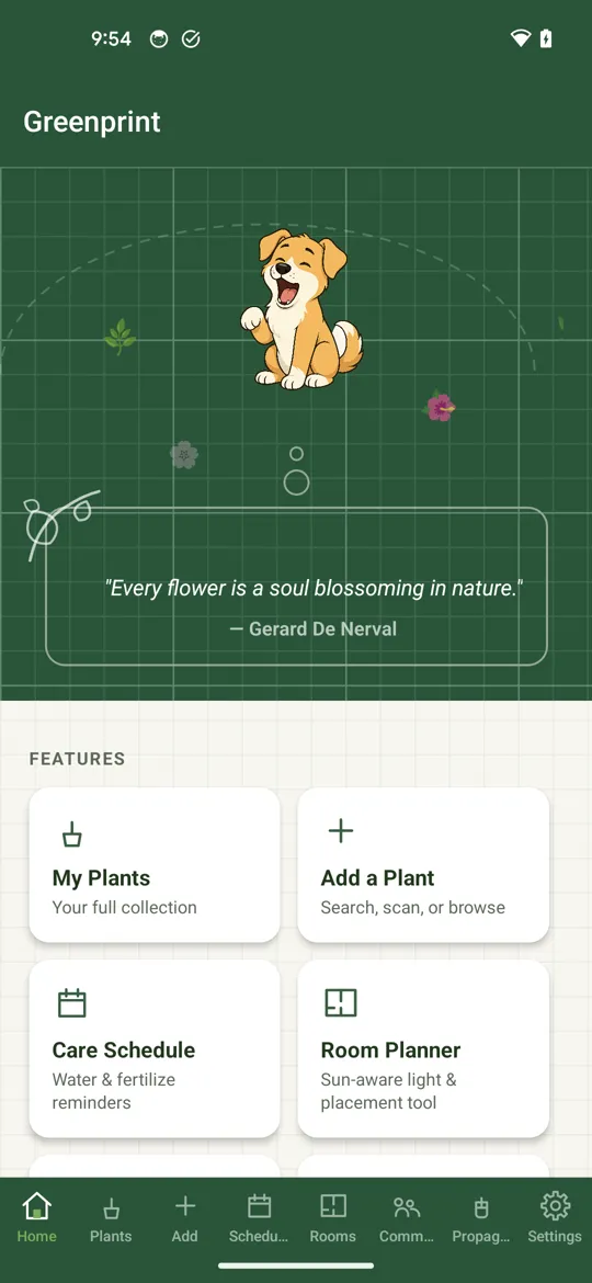 The Greenprint home screen with the mascot and quick actions