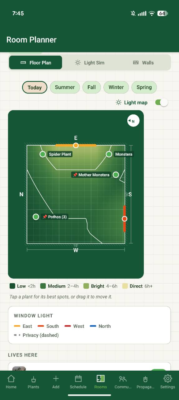 Greenprint Floor Plan showing plant positions and an estimated seasonal light map with its light-level legend